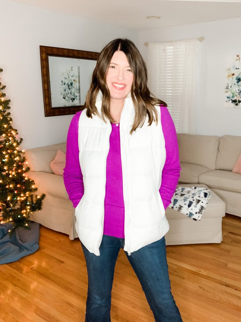 White puffer vest and crew neck sweater for a casual winter outfit from The Scarlet Lily:  Midlife Style Blog