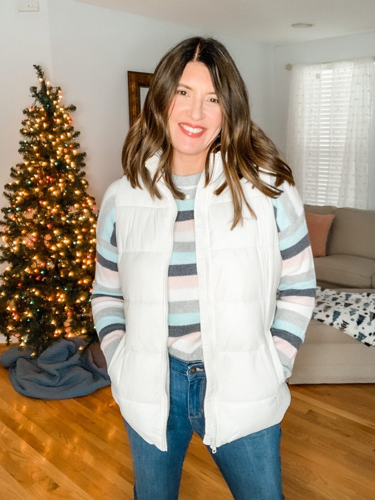 Casual winter outfit featuring a Time and Tru sweater and a puffer vest from Old Navy.  See full outfit at The Scarlet Lily blog. 