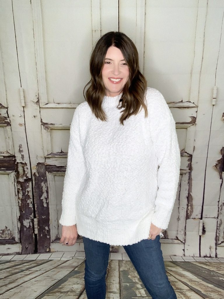 White tunic sweater for winter.  Perfect with jeans or leggings. 