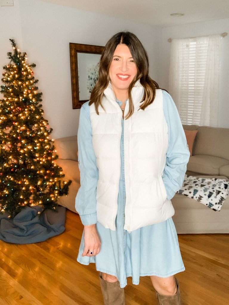 Chambray dress and white puffer vest for a winter casual outfit.  The Scarlet Lily for midlife style inspiration.  