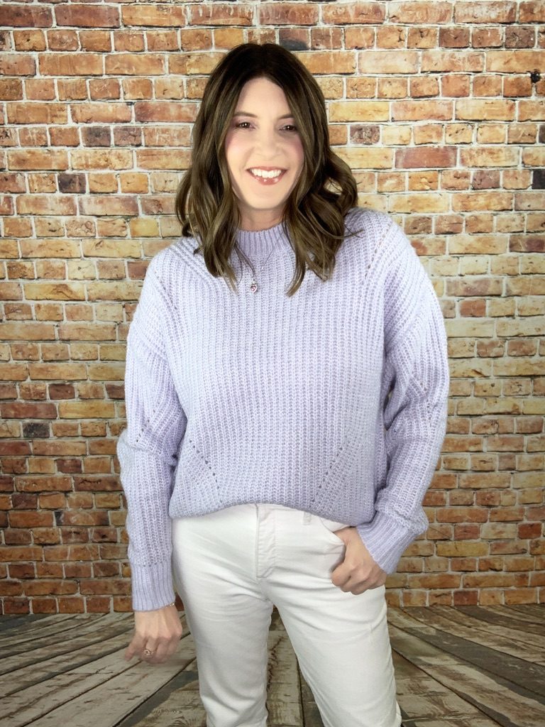 Lavender sweater and white jeans from Walmart